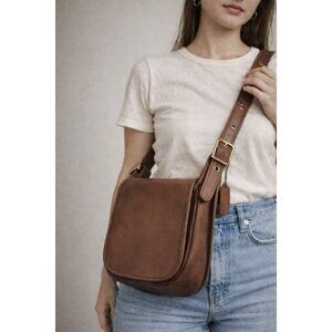 Vintage Coach Brown Leather Crossbody Bag USA Made Saddle Flap Brass Hardware